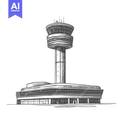 Premium design asset: A detailed architectural line drawing depicts an airport control tower