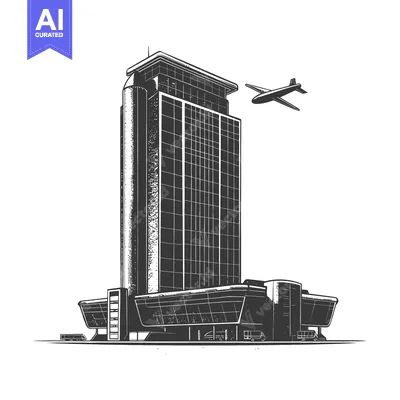 An illustration depicts a tall modern building and a flying airplane
