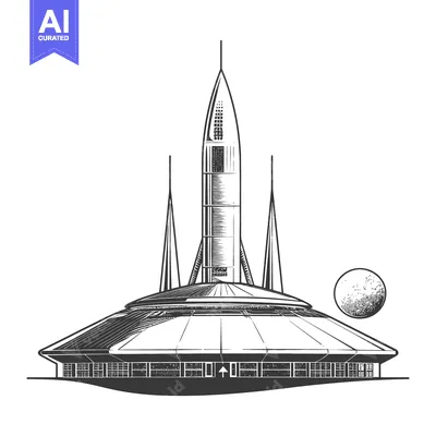 A futuristic structure with a rocket and planet illustration