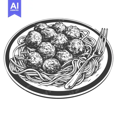 A plate of spaghetti and meatballs with a fork illustration