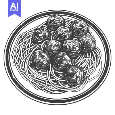 Aset premium populer: A monochrome drawing of spaghetti and meatballs on a plate