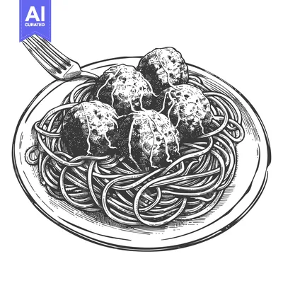 Detailed black and white image of pasta with meatballs on plate