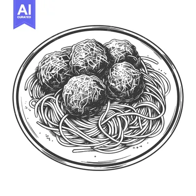 Aset desain premium: A Plate Contains Spaghetti Noodles and Meatballs with Cheese