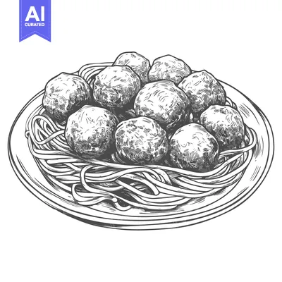 A detailed black and white illustration depicts meatballs with pasta