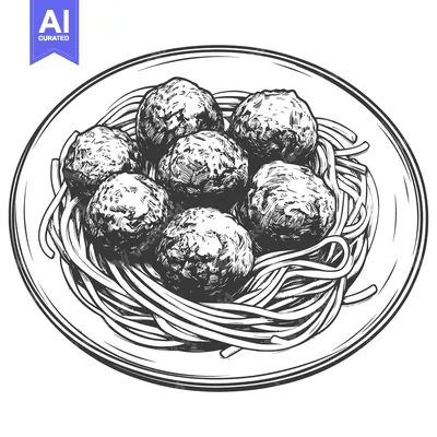 Premium design asset: A monochrome illustration of meatballs and spaghetti on a plate