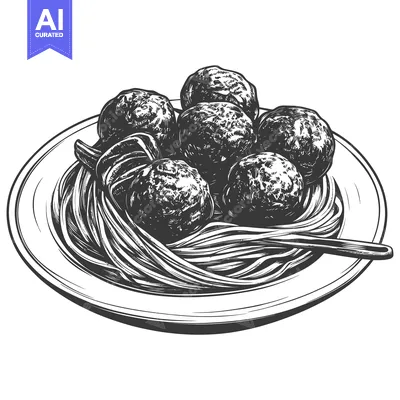 A detailed illustration showing spaghetti and meatballs on a plate