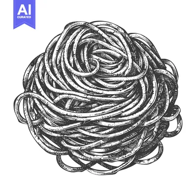 An artistic black and white illustration of a cooked pasta nest