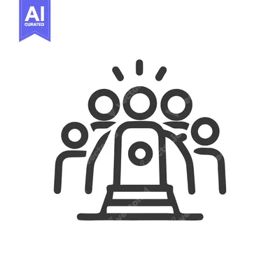 Team Achievement Icon: Group Celebrating Success on Podium, Line Art