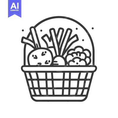 A Black and White Line Drawing of a Basket Filled with Vegetables