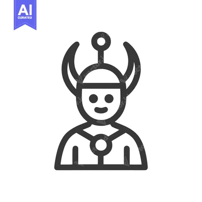 Aset desain premium: Cartoonish Outline of a Smiling Figure with Horned Helmet and Orb