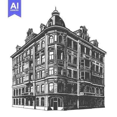 Detailed monochrome illustration of an ornate corner building facade