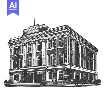 An illustrated depiction of a large multi story architectural building