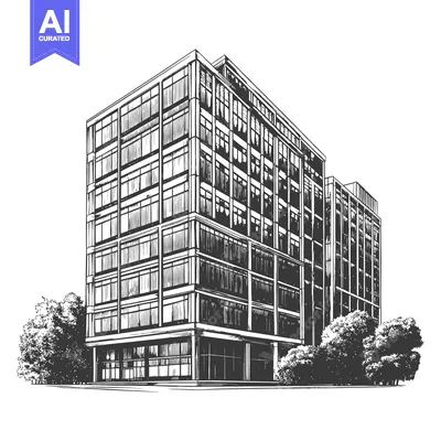A modern architectural building rendered in detailed black and white s