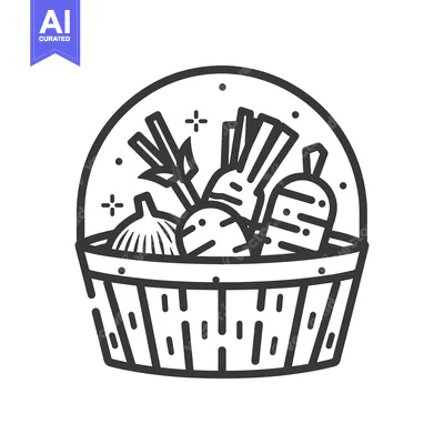 A Black and White Line Drawing of a Basket Full of Vegetables