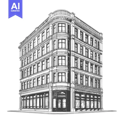 Detailed architectural line art rendering of a multi story building