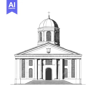Detailed black and white illustration of a classical style church
