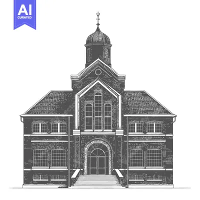 A detailed and illustrative rendering depicting a large brick building