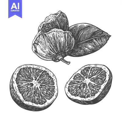 Hand drawn illustration depicting cut citrus fruit and plant matter