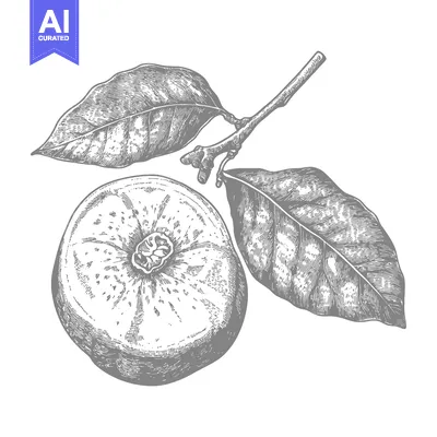 A detailed illustration of a fruit and leaves on a branch