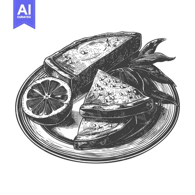 A detailed engraved plate of sliced fruit and pastries