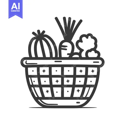 Download A Black and White Line Drawing of a Basket of Vegetables Vector Graphic