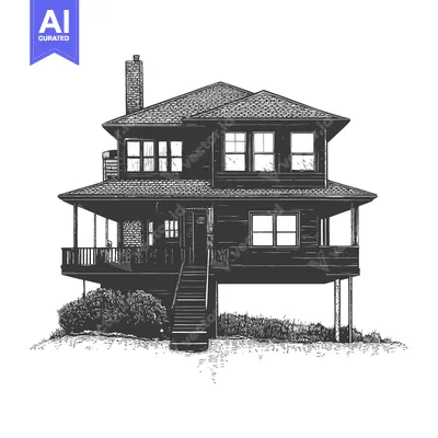 A detailed black and white illustration depicts a two story house