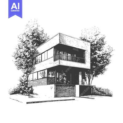 Black and white illustration depicting a modern style house with trees