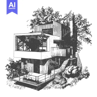 Aset desain premium: Architectural line drawing of a modern house surrounded by trees