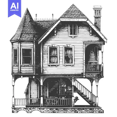 Detailed black and white illustration of a Victorian house exterior