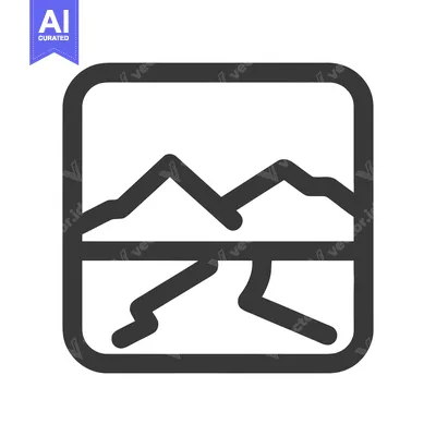 Premium design asset: Minimalist Landscape Icon: Mountain Range and River in Frame