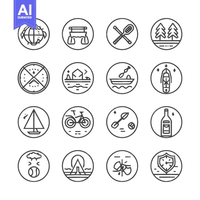 Collection of Minimalist Line Art Icons in Circles: Travel, Sports, an