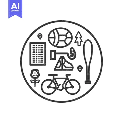 Black and White Icon Set: Sports, Nature, and Recreation in a Circle