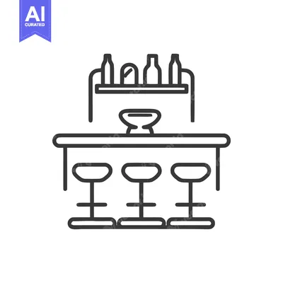 Aset premium populer: Minimalist Bar Icon: Stools, Counter, Bottles, and Shelf in Line Art S