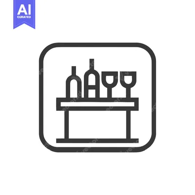 Aset desain premium: Minimalist Wine Bar Icon: Bottles and Glasses on Table