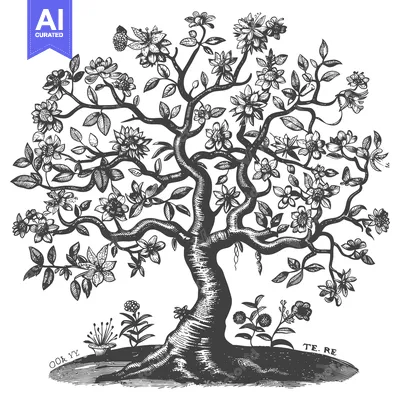 Aset premium populer: An intricately drawn blossoming tree with floral elements illustrated
