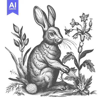 Aset premium populer: A Detailed Engraved Illustration of A Rabbit and Floral Arrangement