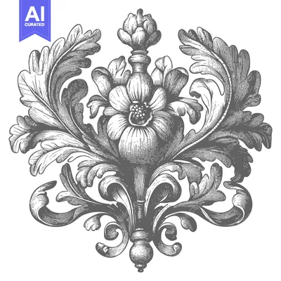 Aset premium populer: An elaborate floral and foliage design in grayscale tones