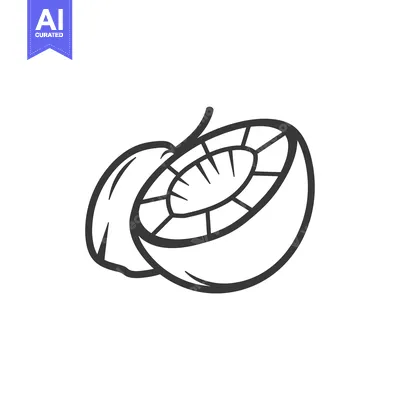 Premium design asset: A black and white line drawing of a coconut half with a husk