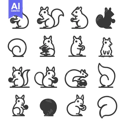 Squirrel Line Art Icons with Different Poses and Nut