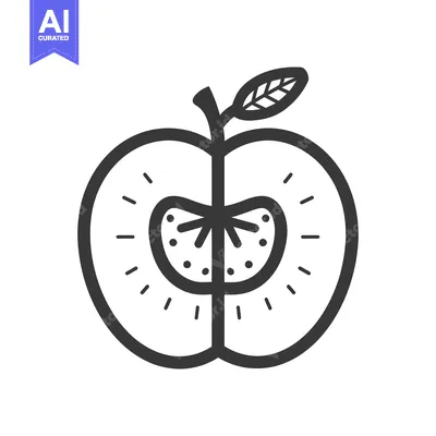 A Black and White Line Drawing of a Cut Apple with a Leaf