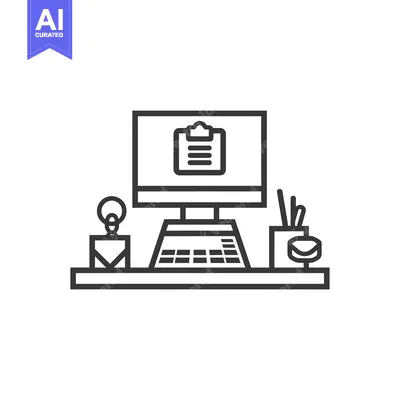 A Black and White Line Drawing of a Desk With a Computer, Clipboard, L