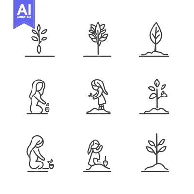 Stages of Plant Growth with a Girl Planting a Seed