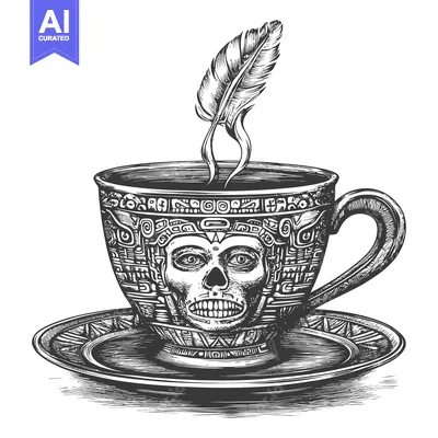 Steaming Cup with Aztec Skull Design and Feather