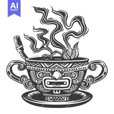 Aset desain premium: Steaming Cup with Ornate Tribal Design and Leaf