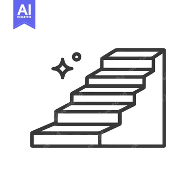 Minimalist Staircase Icon with Sparkle, Black Outline on White Backgro