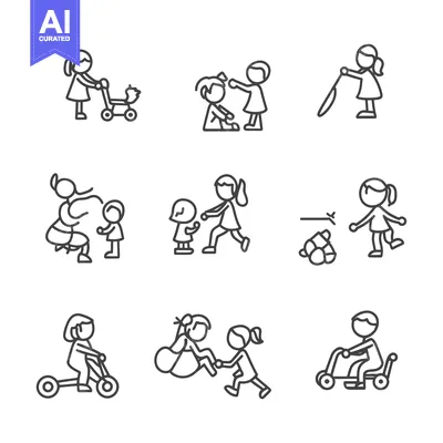 Aset premium populer: Stick Figure Children Playing and Interacting with Various Objects