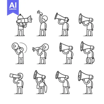 Aset desain premium: Stick Figure People Holding Megaphones in Various Poses