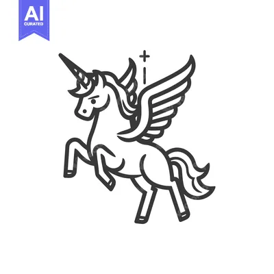 Aset desain premium: A black and white line drawing of a flying unicorn
