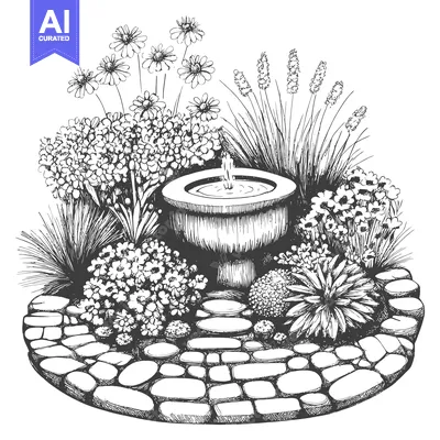 Stone Pathway Leading to a Fountain Surrounded by Flowers