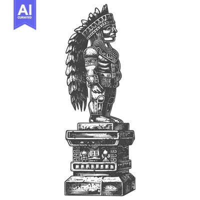 Stone Statue of a Feathered Warrior Standing on a Platform